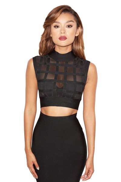 black sleeveless crop top with mock neck and high waisted bodycon midi skirt