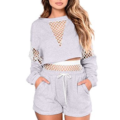 Gray long-sleeved mesh top with matching cotton jogger shorts