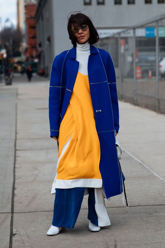 yellow and blue outfit coat