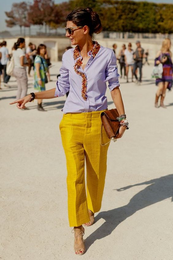 yellow and blue outfit trousers