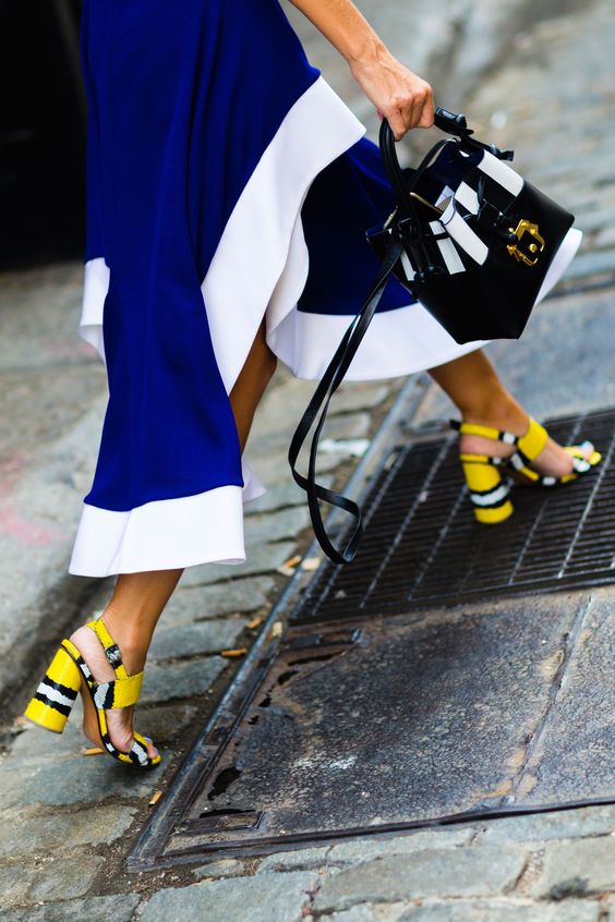yellow-blue outfit sandals