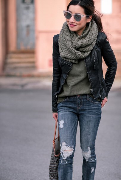 gray rib sweater with knitted scarf and black dainty jacket