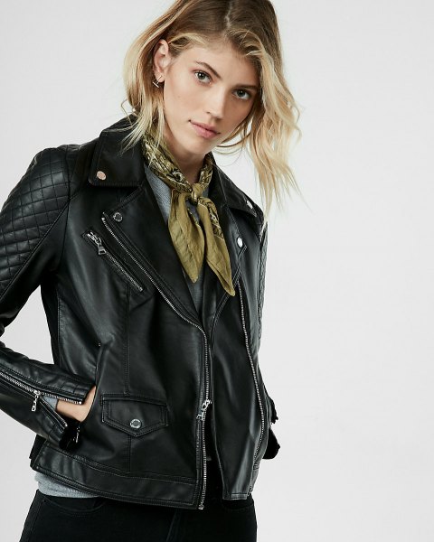 black quilted skinny leather jacket with green ribbon scarf