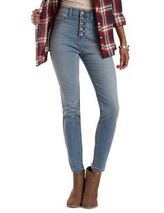 black and red checked flannel shirt with slim light blue jeans
