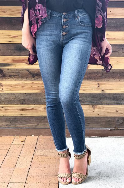 Dark Blue Chiffon Blouse with Skinny Button Fly Jeans