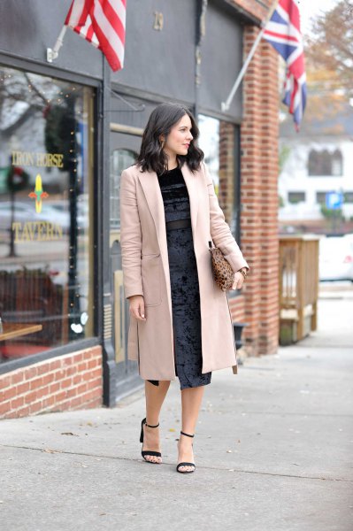 pale pink long wool coat black dress