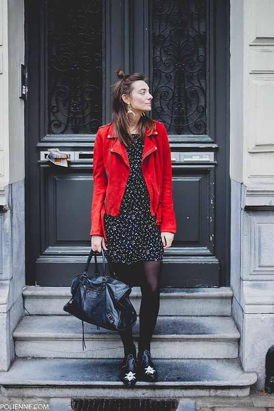 Flower dress red leather jacket
