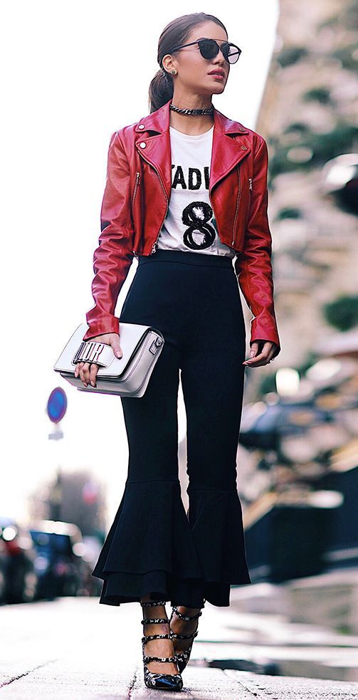 Bell flare pants red leather jacket
