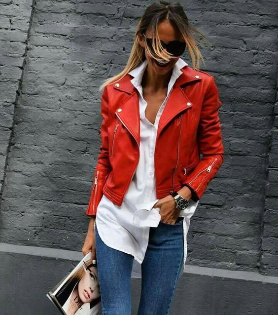 white shirt red leather jacket