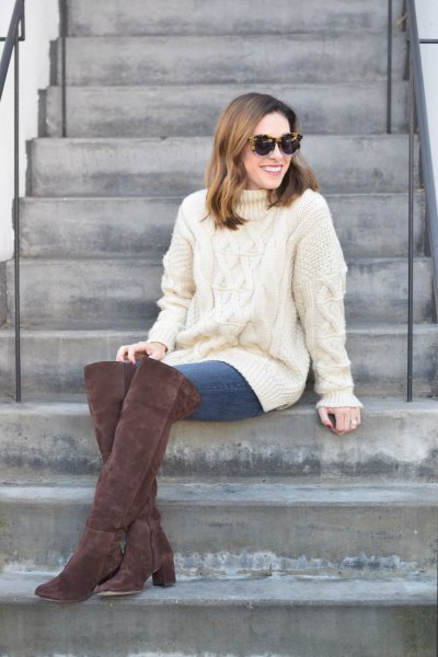 white cable knit suede boots