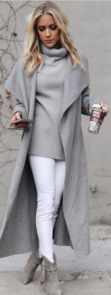 gray knit wool sweater with high neckline