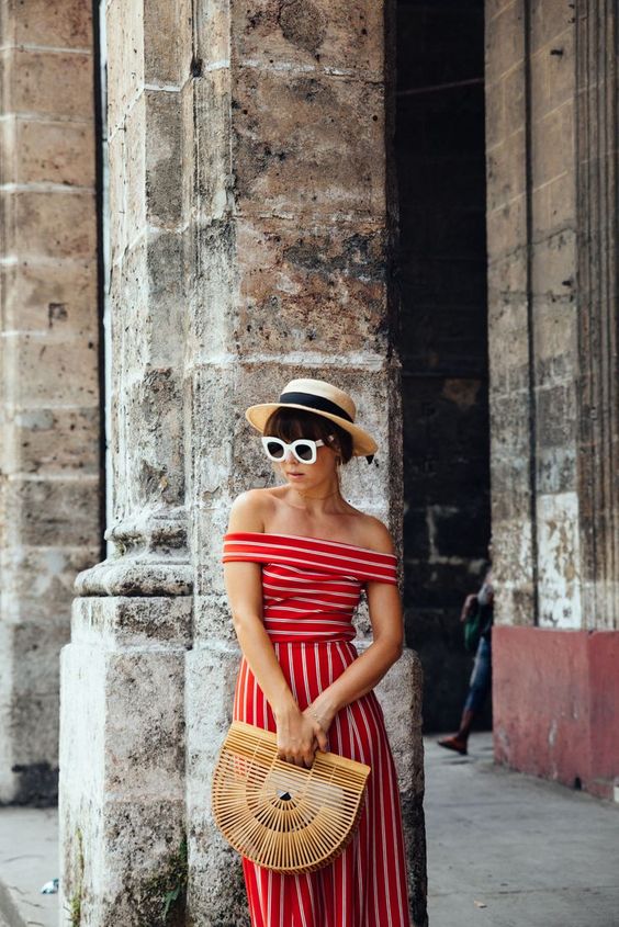 striped red from the shoulder dress