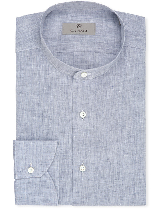 Blue pure linen shirt with stand-up collar Canali.c