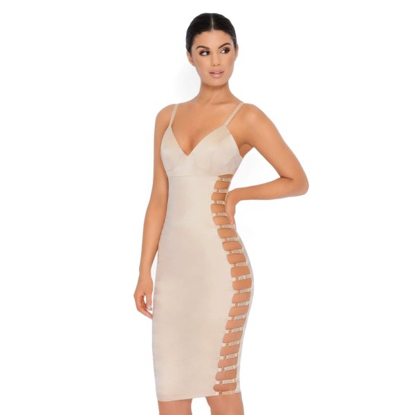 White bodycon mini dress with a deep V-neckline and multiple cut-out side details