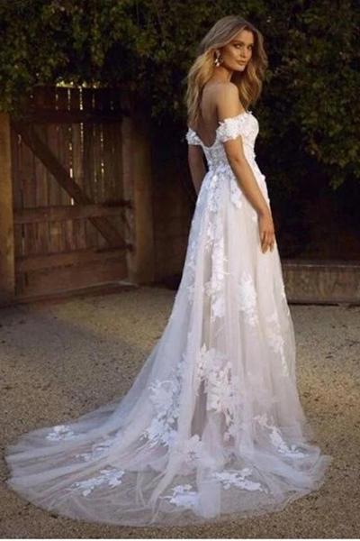 White off the shoulder tulle lace applique beach wedding dress.