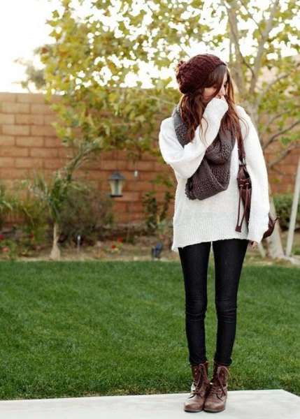 comfortable white knit sweater brown combat boots