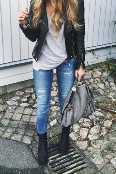 Combat boots with black leather jacket