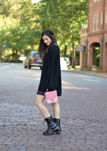 black combat boots black knit sweater leather skirt