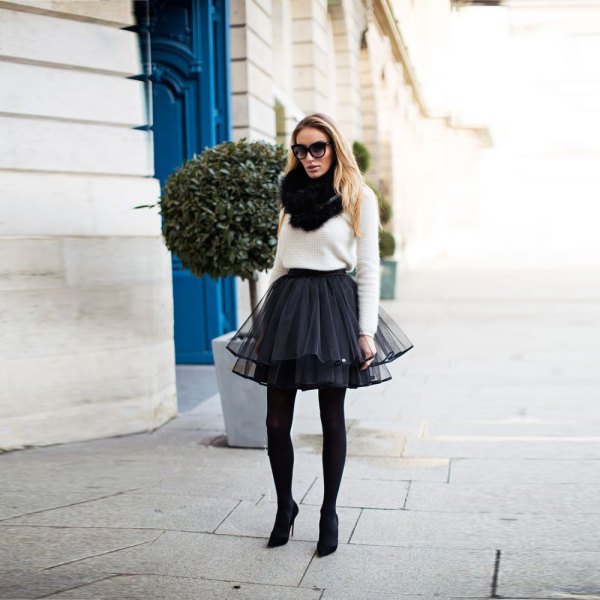 white knit sweater black tulle mini skirt