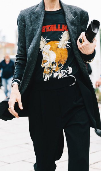 black t-shirt with retro print and gray tweed jacket