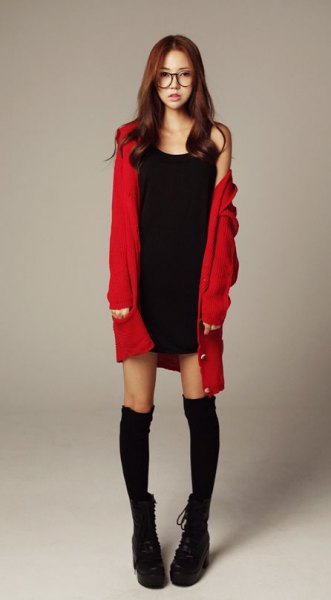 red long cardigan with black mini dress