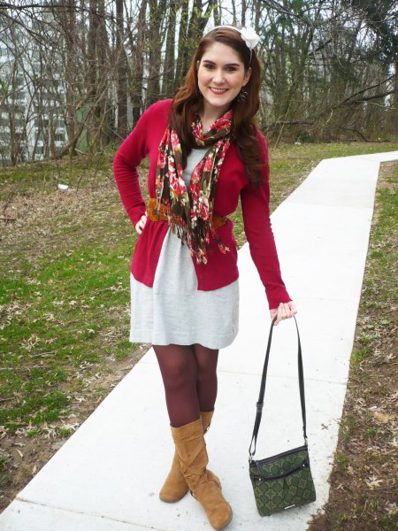 red belted cardigan over white t-shirt dress