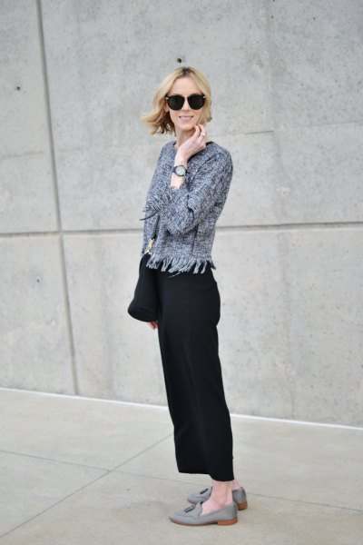 gray cardigan with black wide-leg pants and suede loafers