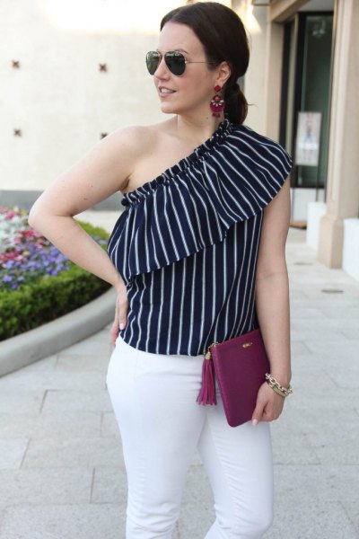black and white vertical striped sleeveless one shoulder blouse