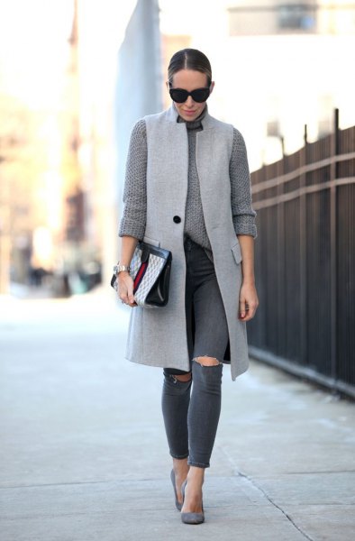 light gray knit sweater with long vest