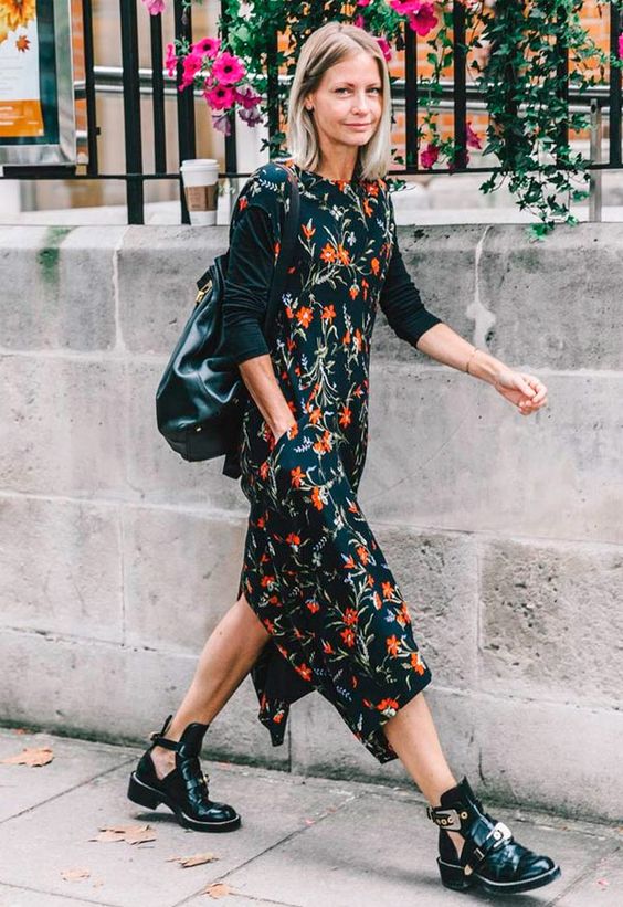 Dark blue floral dress with cut out boots