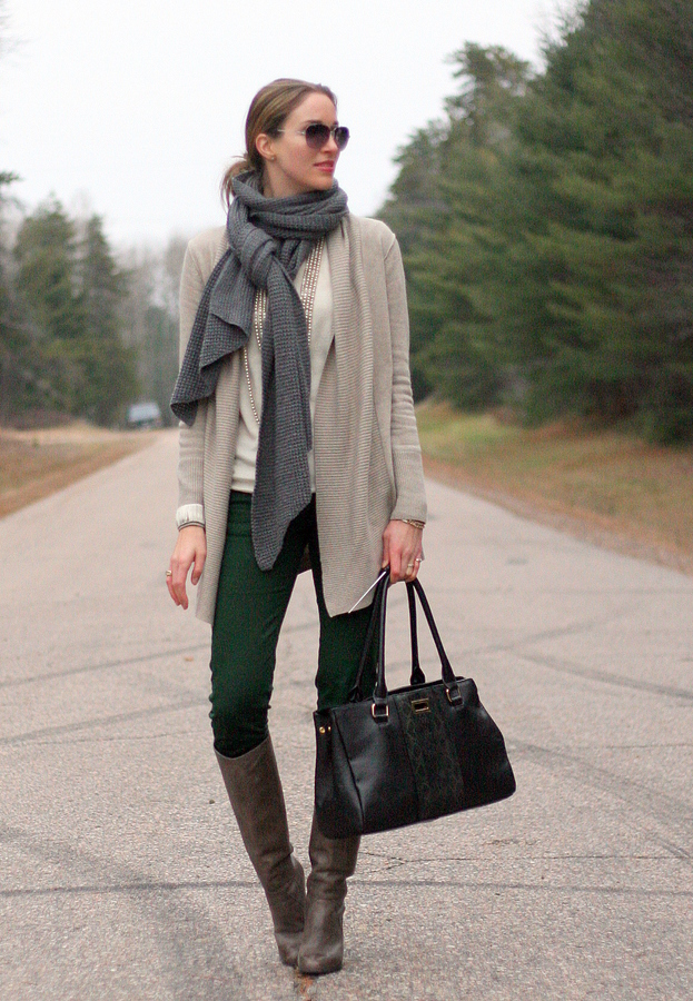 long cardigan sweater scarf knee boots