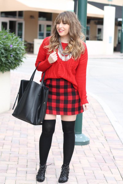 red cable knit sweater, plaid flannel mini skirt