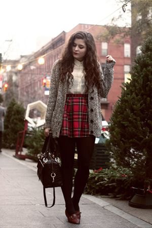 black and red plaid skirt gray oversized knit coat