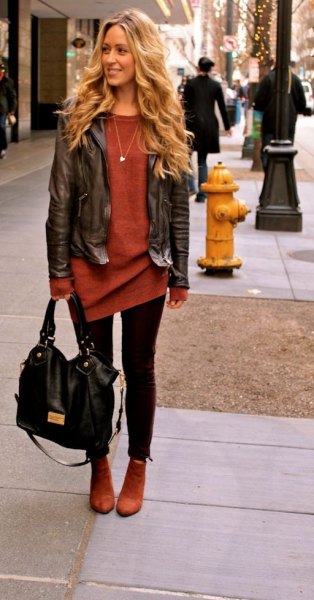 brown leather jacket green sweater dress
