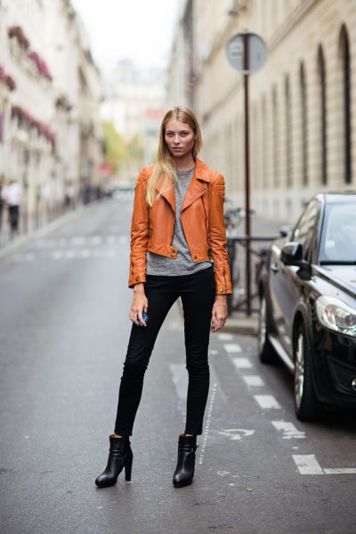 yellowish brown leather jacket gray t-jeans