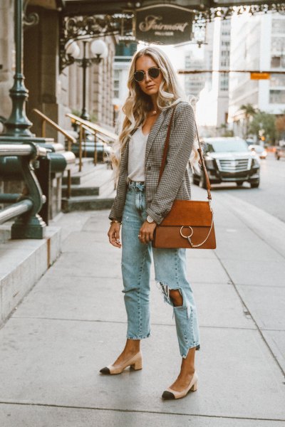 gray check blazer with white scoop neck tank top and boyfriend jeans