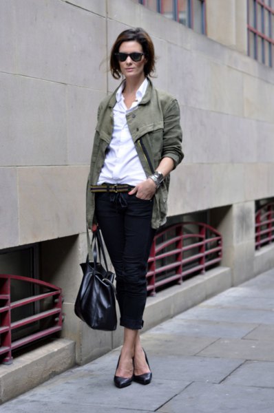 gray blazer with white shirt and black cuffed jeans