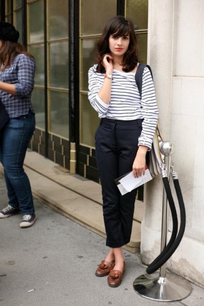 white and black striped long-sleeved T-shirt with black, cropped chinos