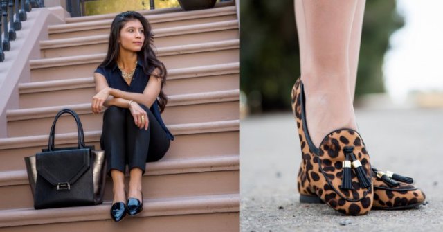 Black sleeve V-neck top with leopard print slippers