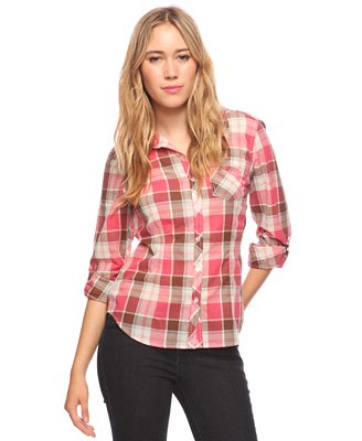 Blush pink and white plaid shirt with black skinny jeans