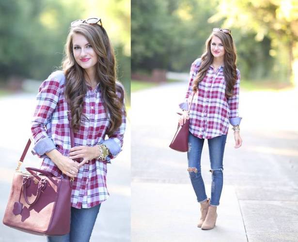 blue and red checked shirt with ripped skinny jeans