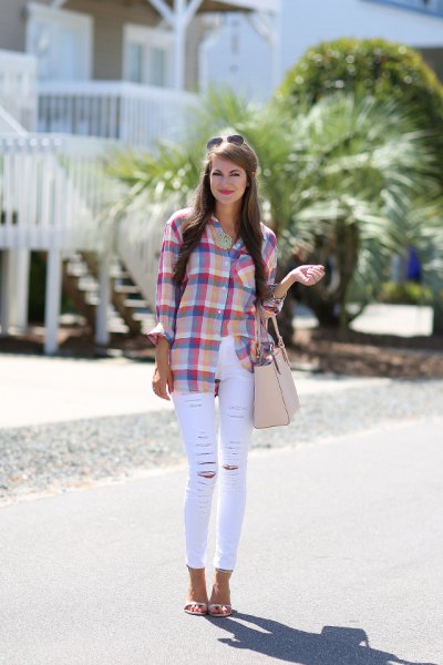 blue and pink plaid shirt with skinny white jeans