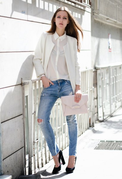 White blazer jeans with chiffon shirt