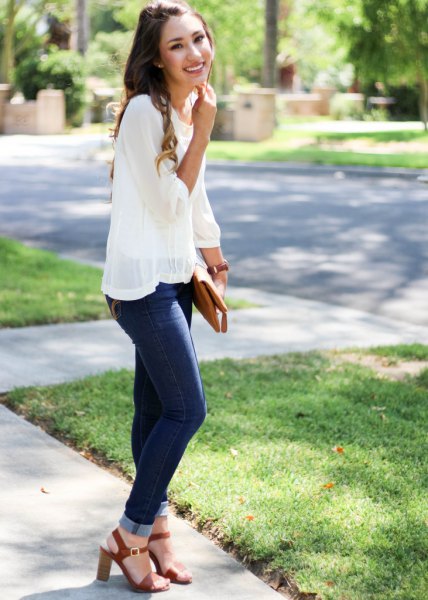 Skinny jeans blouse transparent overlay