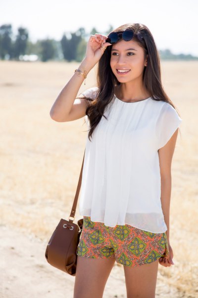 chiffon orange cropped white top with floral pattern