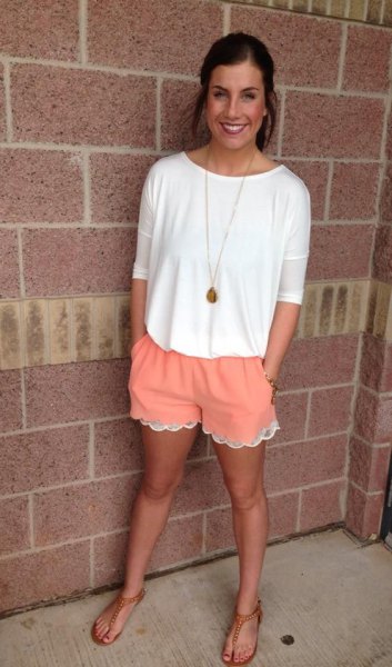 Orange lace chiffon shorts white top