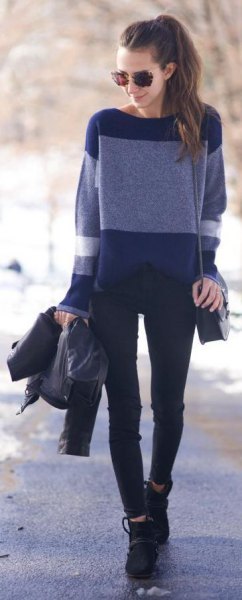 Dark blue and light blue block sweater with black jeans