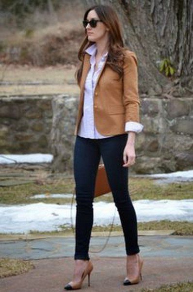 brown blazer with black jeans and blush pink high heels