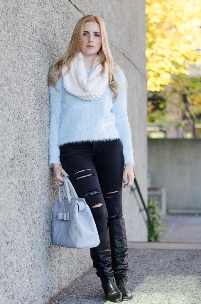 Light blue teddy sweater with black skinny jeans