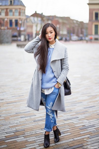 long gray wool coat with ribbed sweater and boyfriend jeans